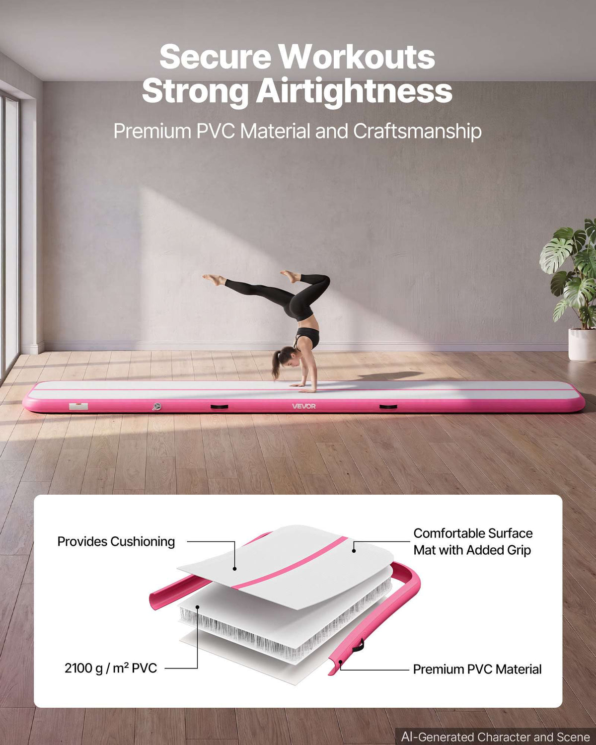 Inflatable Gymnastics Air Mat 16.4 ft Training Mats w/ Electric Pump, 4 inches Thick Sturdy Tumble Track, Tumbling Mat for Home Use/Gym/Outdoor/Yoga/Cheerleading/Beach/Park/Water, Pink