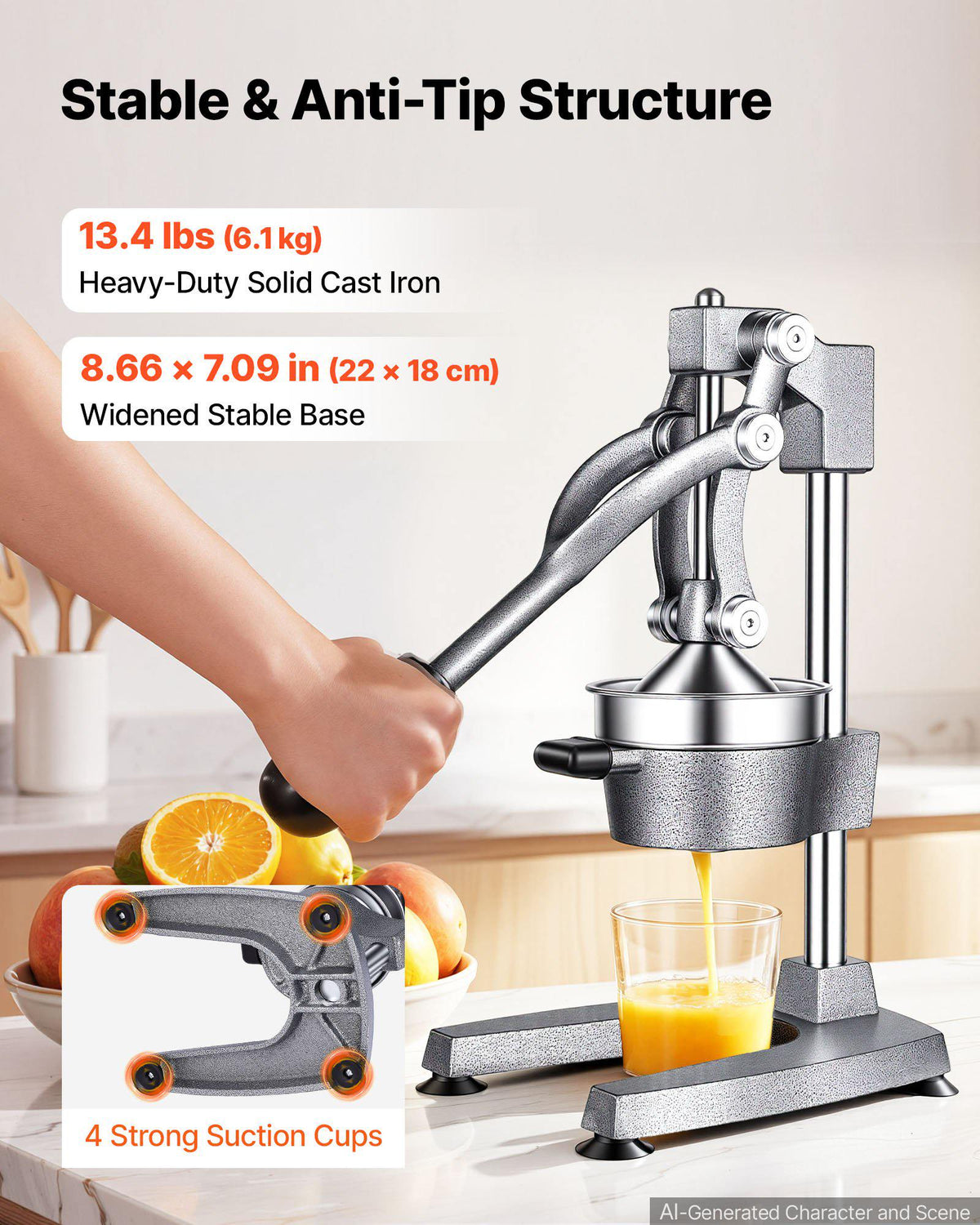 Manual Citrus Juicer, 15" Tall Hand Press Orange Juicer, Manual Fresh Juice Extractor for Lemon Pomegranate Grapefruit, Heavy-Duty Cast Iron, Easy to Clean, Home & Commercial Use, Silver Gray