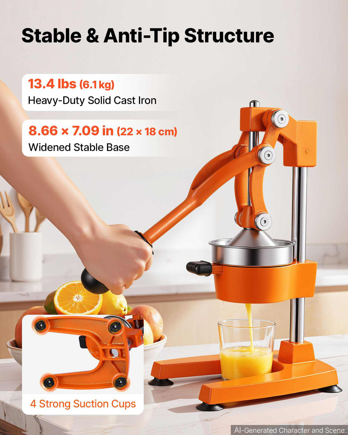 Manual Citrus Juicer, 15" Tall Hand Press Orange Juicer, Manual Fresh Juice Extractor for Lemon Pomegranate Grapefruit, Heavy-Duty Cast Iron, Easy to Clean, Home & Commercial Use, Orange