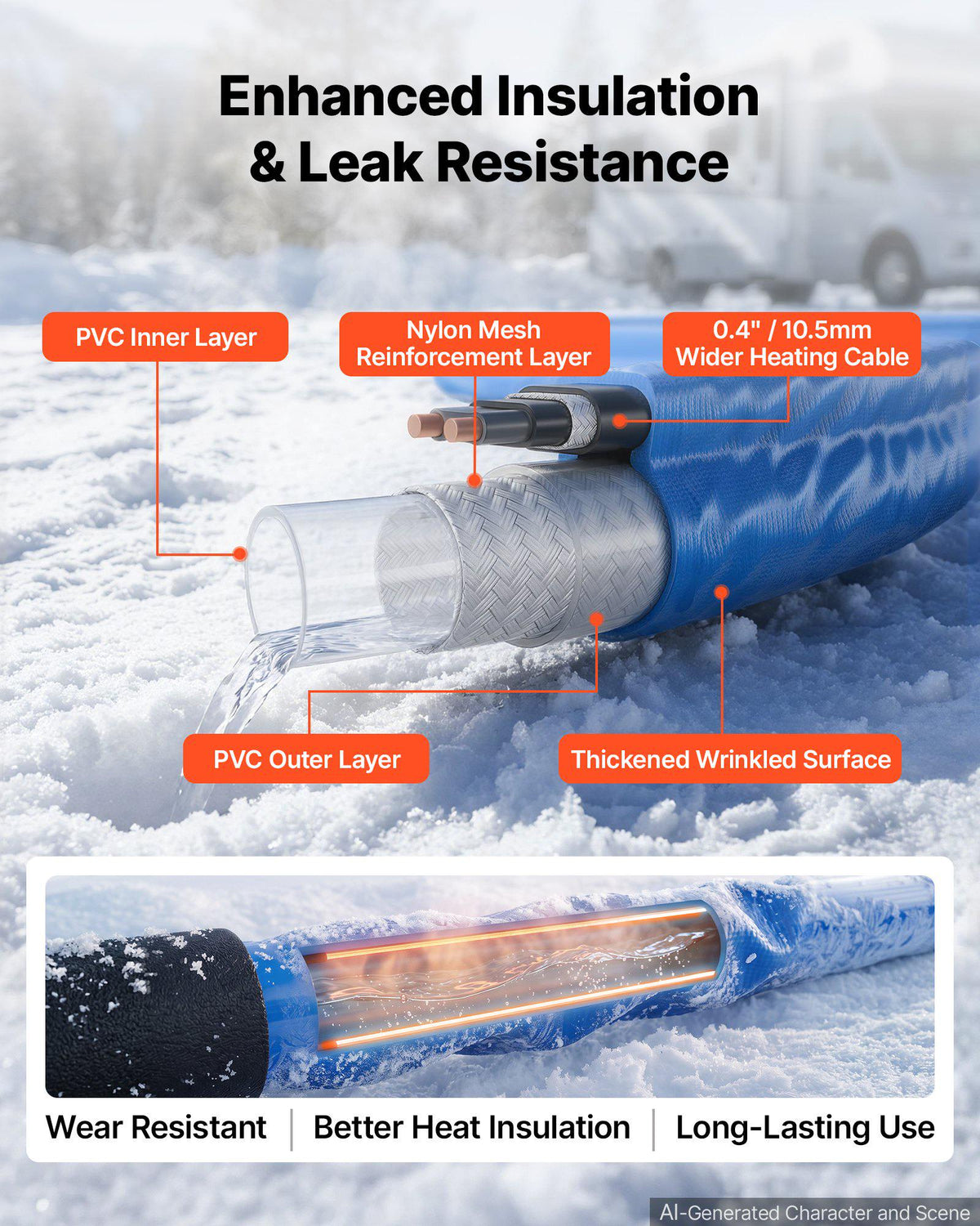 50FT Heated Water Hose for RV Antifreeze to -45°F Drinking Water Hose, 5/8" ID, Corrugated Surface, Built-in Thermostat, Freeze & Leak-Proof, Lead and BPA Free, Fast Heating for RV Camping