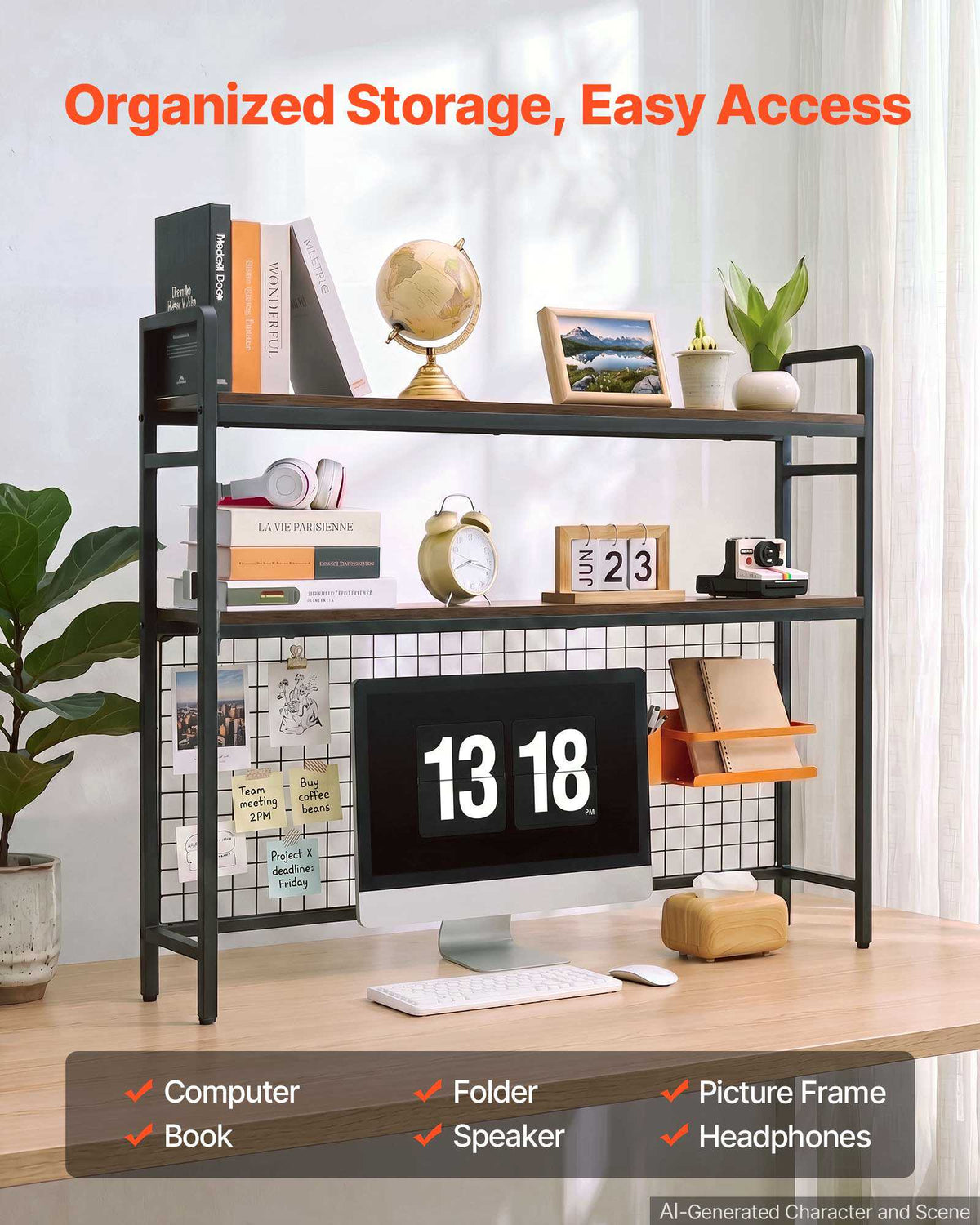 Desktop Bookshelf 3-Tier Countertop Storage Hutch with Grid Black, for Computer Desk, Metal Frame and Wooden Shelf, with Non-Slip Feet Pads, Desk Hutch Storage Organizer for Dorm, Home, Office