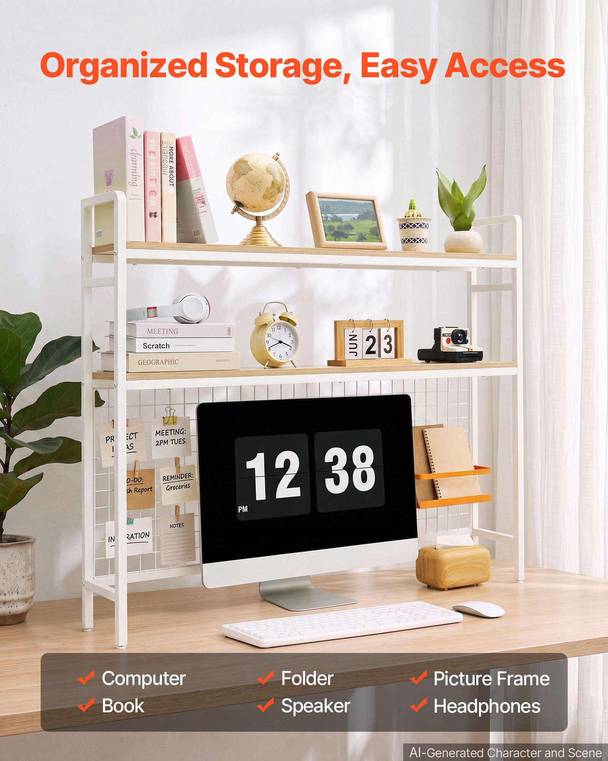 Desktop Bookshelf 3-Tier Countertop Storage Hutch with Grid White, for Computer Desk, Metal Frame and Wooden Shelf, with Non-Slip Feet Pads, Desk Hutch Storage Organizer for Dorm, Home, Office