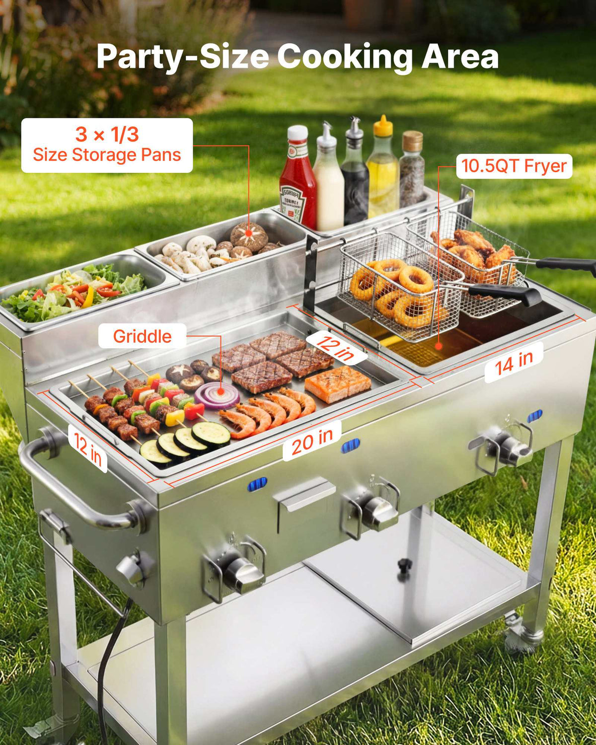 Outdoor Propane Fryer & Griddle Combo, 3 Burners (11,600 BTU Each), Commercial Stainless Steel Frying Cart with Wheels, 2 Fryer Baskets & 3 Food Pans, for Hot Dogs, Fried Chicken, Fries, Meats