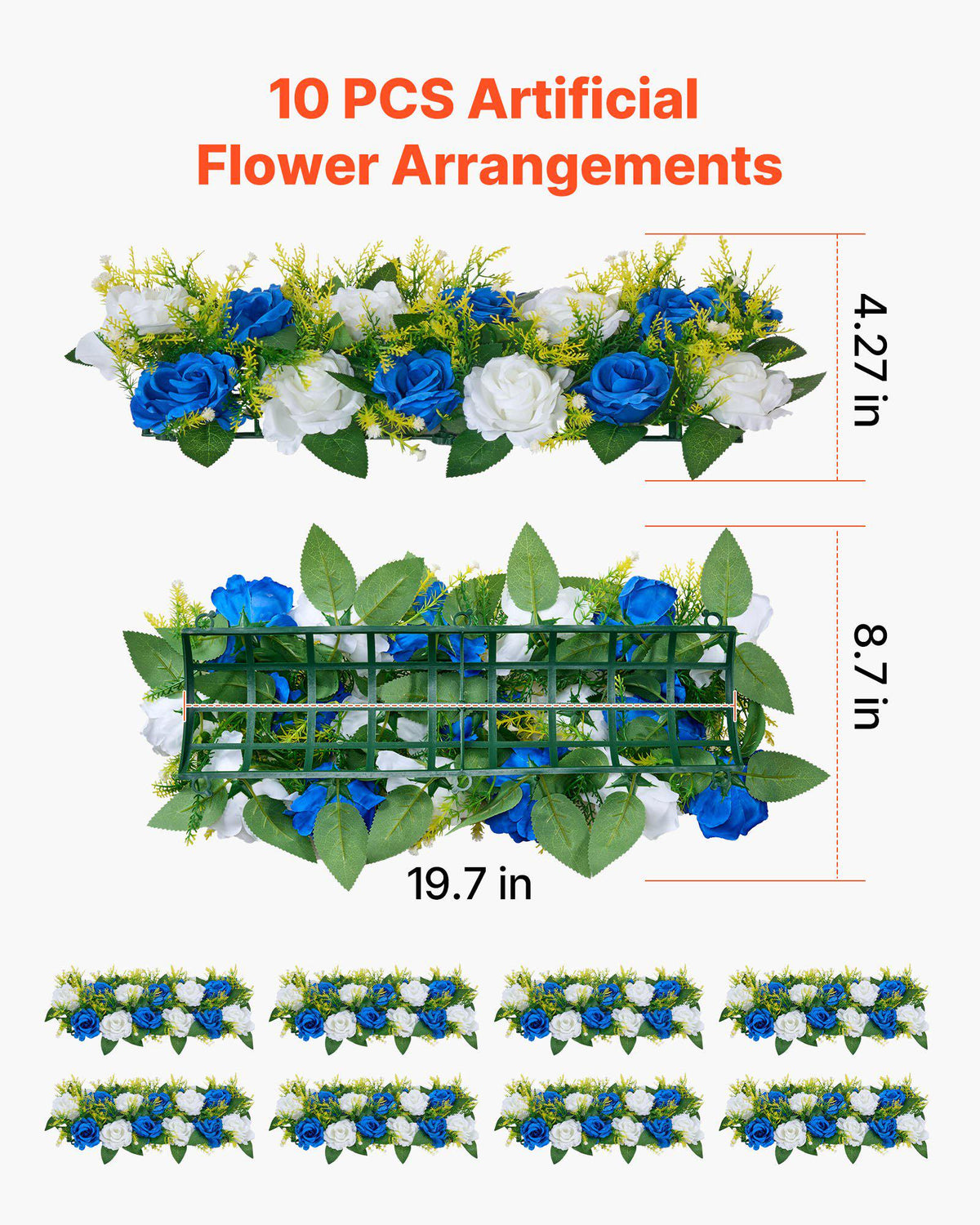 Flower Ball Arrangement Bouquet 10 PCS, 19.6 x 8.6 Inch Artificial Flower Balls Wedding Table Centerpieces, Faux Rose Arrangements for Wedding Centerpiece Home Decoration, Blue and White Roses