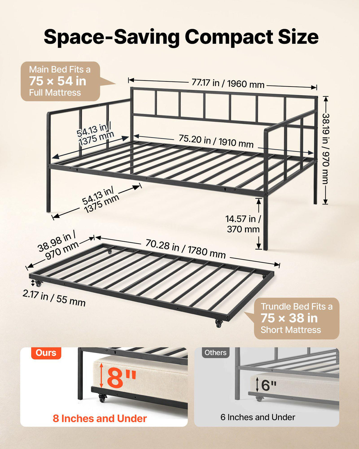 Full Size Daybed with Pop Up Trundle Twin Size Metal Day Bed Frame, for Living Room Bedroom Guest Room, Sturdy Metal Design, Space Saving Sofa Bed, 2 Lockable Casters, Easy Assembly, Black