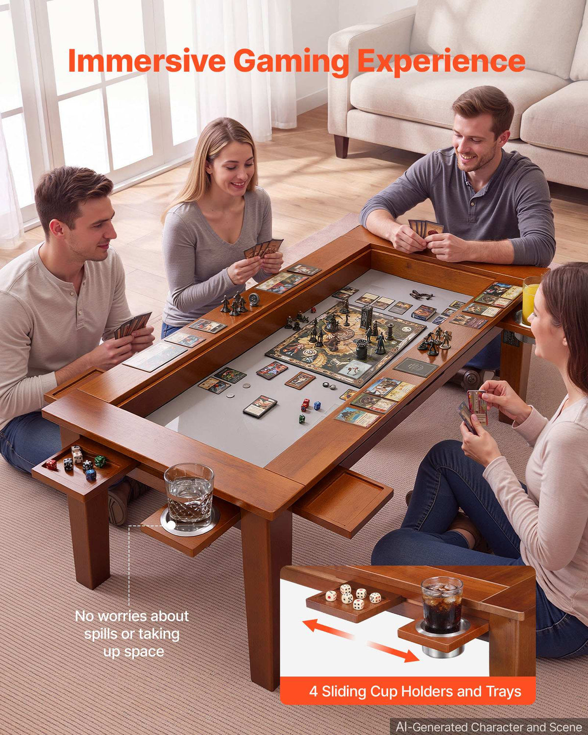 Board Game Table 2-in-1 Gaming and Dining Table 47.2 x 23.6 x 17.7 in, Roomy for 4 Players, with Removable Tabletop, Leather Gaming Mat, 4 Cup Holders & Sliding Trays, 300LBS Solid Wood Support