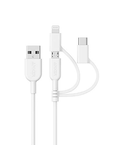 Anker Powerline II 3-in-1 Lightning, USB C, Micro USB Cable (3 ft, White) - color: White