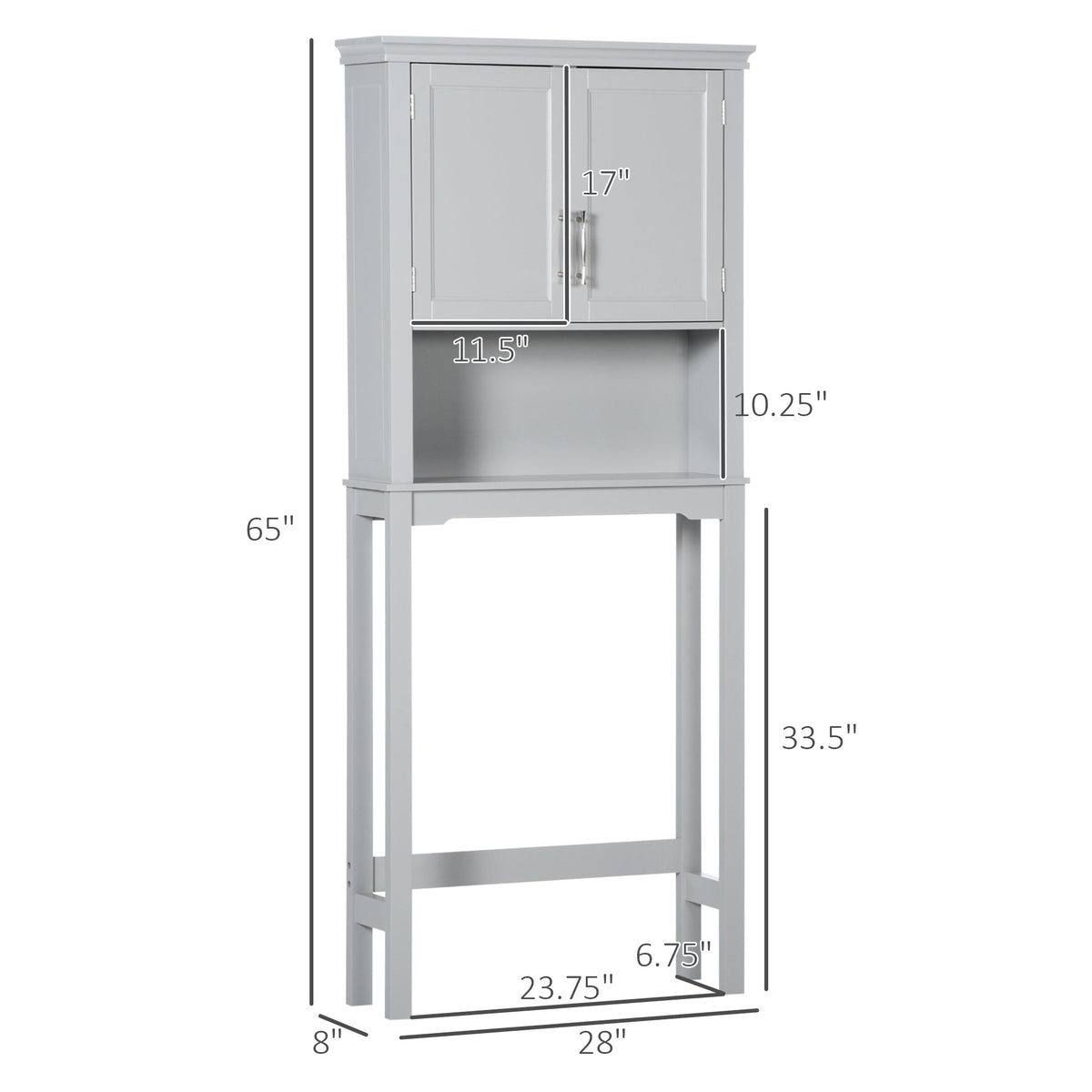 Modern Over The Toilet Storage Cabinet, Double Door Bathroom Organizer with Inner Adjustable Shelf and Open Shelf, Gray