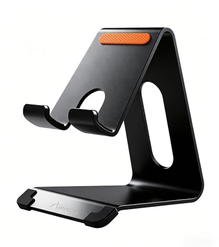 Phone Stand for Desk, Thickened Aluminum Cell Phone Stand & Phone Holder for Desk, Compatible with Tablets, iPhone, iPad, Samsung - Black - color: black