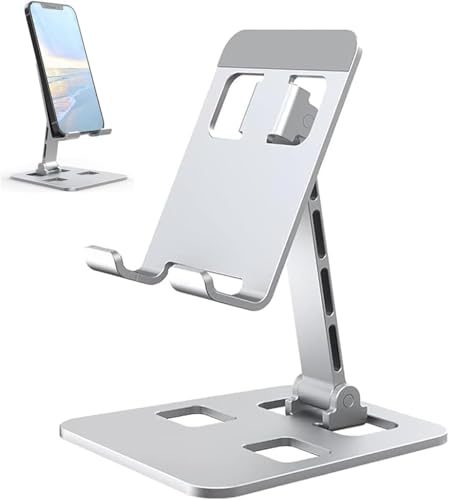 Foldable Cell Phone Stand, Angle Height Adjustable Desktop Holder, Universal, Compatible with iPhone, Samsung, Switch and All Smartphones, Silver
