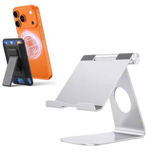 OMOTON T1 Adjustable Tablet Stand for Desk and VC09 Magsafe 5 Cards Holder Leather Wallet for Phone