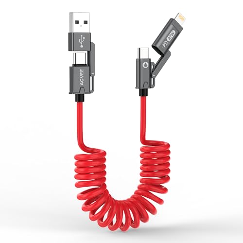 AGVEE 5ft 4-in-1 Coiled Multi Charging Charger Data Transfer Cable - color: Red, size: 5ft