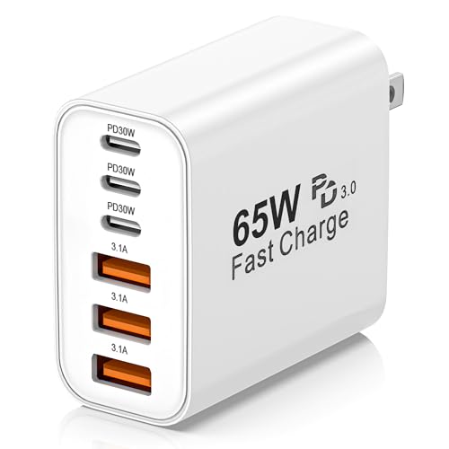 USB C Charger Block,65W 6-Port Multi Device Fast Charger PD QC Wall Adapter - color: White, size: 65w