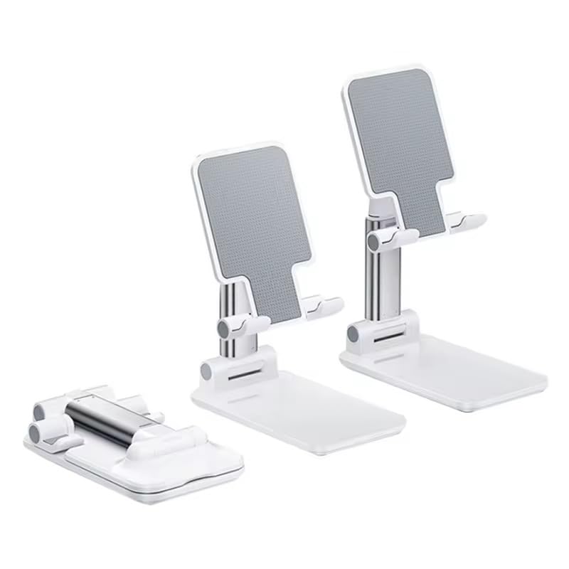 Foldable Desktop Phone and Tablet Stand, Adjustable Universal Mount, Compatible with iPhone, iPad, and PC Tablets - color: White