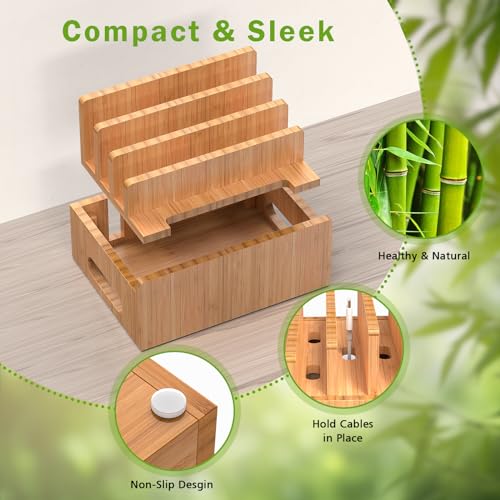 Bamboo Charging Station for Phone, Watch&Earbud with 5-Port HUB & 5 Cables - color: Dock Stand +Cables +Charger