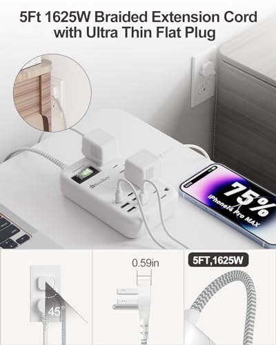 6 USB Travel Power Strip,4 Outlets,5Ft Extension Cord,Surge Protector,13A - size: 24W USB-5ft-980J