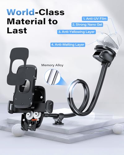1Zero Solid Car Truck Phone Mount Holder Black with 14" Gooseneck Long Arm - color: Faux Leather Surface with Black Ring