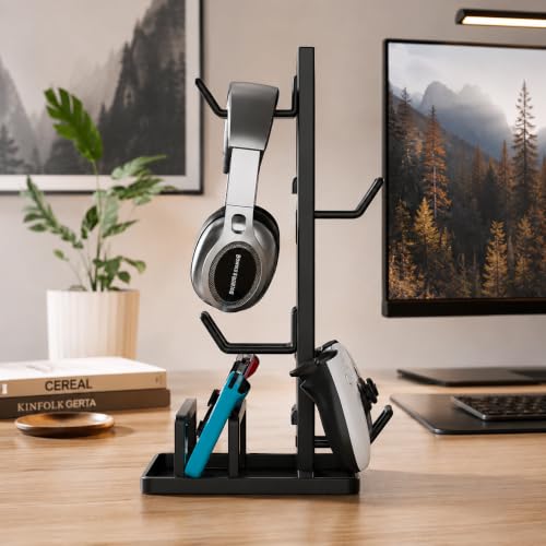 Headphone Stand with Controller Holder for Desk, Detachable Gaming Headset Organizer with Adjustable Hooks, Vertical Earphone Hanger for Game Controller, Phone, Desktop Accessories