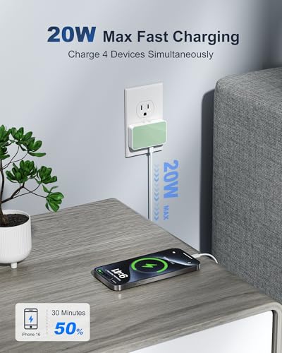 USB C Wall Charger, Super Thin Flat USB Wall Plug with 4 Ports, Fast Charging USB Plug Adapter with PD20W for Home and Travel (Green) - color: Green