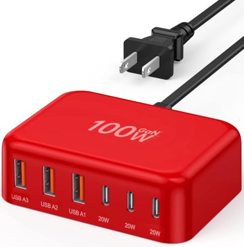 USB Fast Charger Block 50% Smaller 100W Max 6-Port GaN USB Charging Station - color: F-Red, size: 100W
