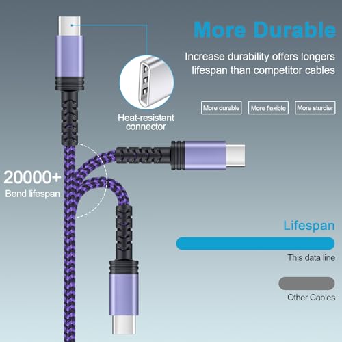 USB C Charger Cable Fast Charger Phone Android Power Cord 5FT/3Pack Braided - color: White,Blue,Purple