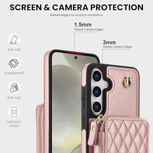 Phone Case for Samsung Galaxy S25 5G Wallet Cell Cover with Tempered Glass Screen Protector Wrist Crossbody Strap Stand RFID Blocking Credit Card Holder S 25 25S 25 25S SM-S931U Women Girls Rose Gold - color: Rose Gold