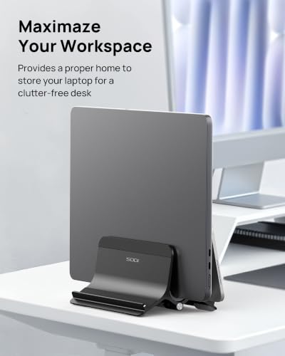 SODI Vertical Laptop Stand Holder for Desk Compatible with MacBook Air, MacBook Pro Stand Vertical Aluminum Up to 17 inch, Gravity Auto-Lock Cooling, 3-in-1 Space Saving Desk Organizer Accessories - color: Black