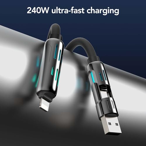MFish 240W 4-in-1 Fast Charging Cable, Black, 6.6FT - color: Black, size: 6.6FT