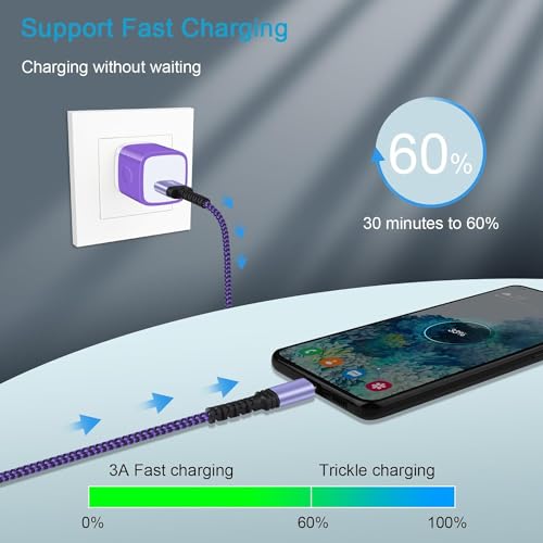 USB C Charger Cable Fast Charger Phone Android Power Cord 5FT/3Pack Braided - color: White,Blue,Purple