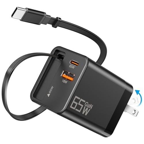 65W Retractable Wall Charger, USB C Charger Block Built-in Type C Cable & Dual Port, PD PPS Fast Charging GaN Power Adapter Travel Charger for MacBook,Lenovo IdeaPad,iPhone 17 Pro Max,Galaxy S24