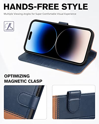 TUCCH Wallet Case for iPhone 14 Pro (6.1") 2022, 4 Card Slots, Blue & Brown - color: Two Colors - Dark Blue & Brown