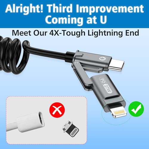 AGVEE 1.5ft 4-in-1 Coiled Multi Charging Charger Data Transfer Cable - color: Black, size: 1.5ft