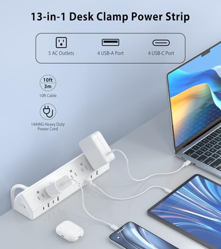 Jgstkcity Desk Clamp Power Strip USB C 45W,8 USB,10FT Cable,White - color: White, size: 10 FT