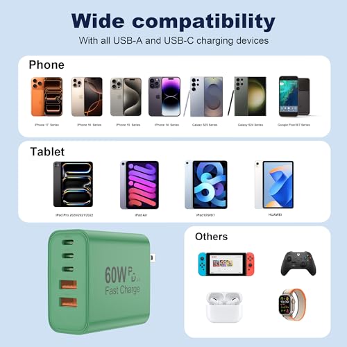 60W USB C Charger Block, Versatile iPhone Charger, Green (1 Pack) - color: Green