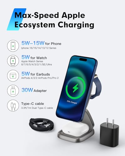 3-in-1 Magnetic Wireless Charging Station for Apple Devices - 15W Fast Charge with 30W Adapter, Foldable Aluminum Travel Dock for iPhone 17/16/15/14/13/12 Series, iWatch, AirPods