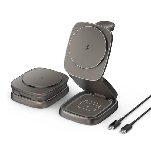 3-in-1 Magnetic Wireless Charging Station for Apple Devices - 15W Fast Charge with 30W Adapter, Foldable Aluminum Travel Dock for iPhone 17/16/15/14/13/12 Series, iWatch, AirPods