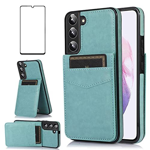 Asuwish Phone Case for Samsung Galaxy S22 5G with Tempered Glass Screen Protector and Credit Card Holder Wallet Cover Stand Leather Cell Accessories Glaxay S 22 G5 Cases Women Men Green - color: Green