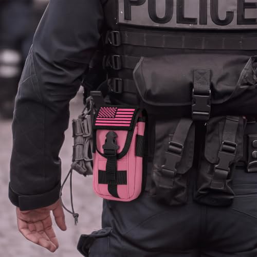 Tactical Cell Phone Holster Pouch, Smartphone Pouch Phone Case Molle Attachment Belt Holder Waist Bag for 4.7"-6.9" with US Flag Patch and Gear Clip for iPhone 17 Pro/16 Pro - color: Hot Pink