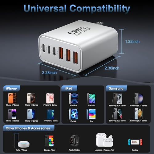 USB C Charger Block,65W 6-Port Multi Device Fast Charger PD QC Wall Adapter - color: White, size: 65w