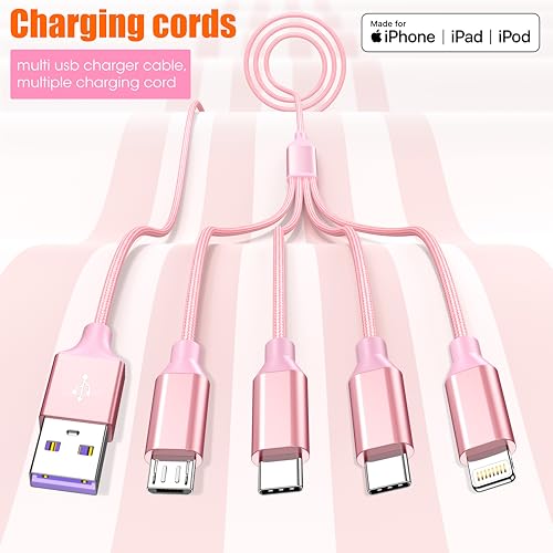 4 in 1 Multi Charging Cable 4ft 2 Pack,Braided MFi Certified Charger Cable - color: Rose-4ft-2Pack