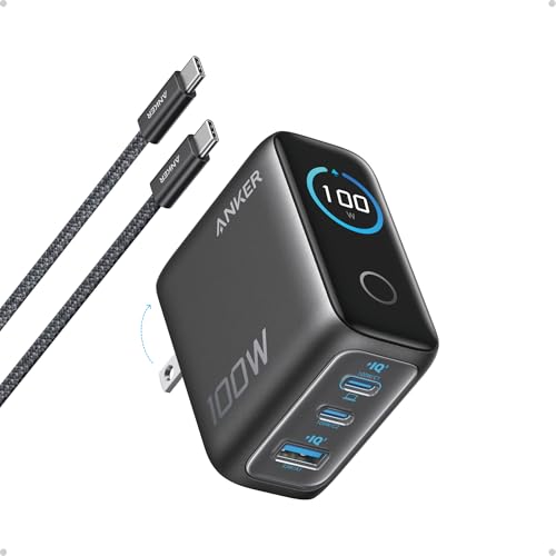 Anker 100W Max USB C Charger, 3-Port GaN Phone Charger with Smart Display - color: Dark Gray, size: 2.72 x 2.17 x 1.34"