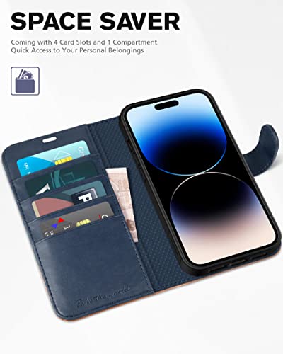 TUCCH Wallet Case for iPhone 14 Pro (6.1") 2022, 4 Card Slots, Blue & Brown - color: Two Colors - Dark Blue & Brown