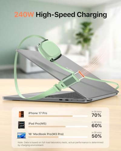 240W Retractable USB C Cable with Mag Snap Slot,3.3ft,Tea Green - color: Tea Green, size: 3.3ft-1Pack