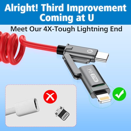 AGVEE 5ft 4-in-1 Coiled Multi Charging Charger Data Transfer Cable - color: Red, size: 5ft