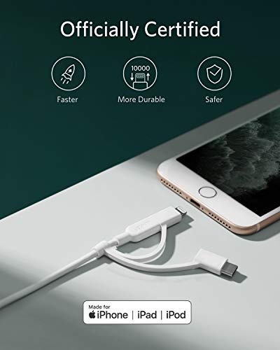 Anker Powerline II 3-in-1 Lightning, USB C, Micro USB Cable (3 ft, White) - color: White