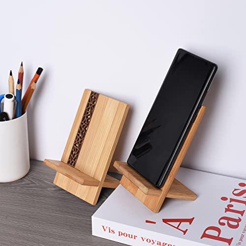 Mobile Stand Japanese Style Cellphone Holder Desktop Organizer Charging Station Compatible with All Smartphones Tablets Natural Bamboo Wood Portable Adjustable Angle (Pattern-NO Hole) - style: PATTERN-NO HOLE