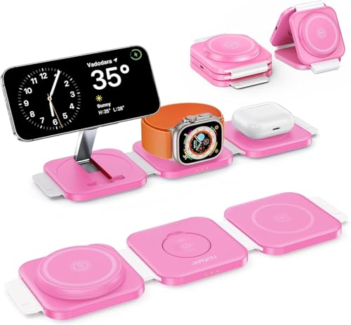 Travel Essentials for Apple Watch Charger,3 in 1 Charging Station for Apple Devices,Foldable Wireless Charging Station for iPhone 17/16/15/14/13/12, Apple Watch & AirPods with Magsafe Charger Stand - color: Pink
