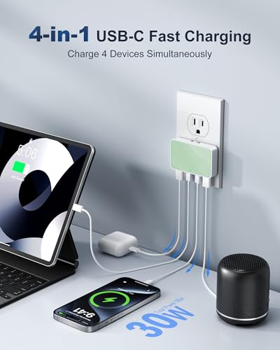 USB C Wall Charger, Super Thin Flat USB Wall Plug with 4 Ports, Fast Charging USB Plug Adapter with PD20W for Home and Travel (Green) - color: Green