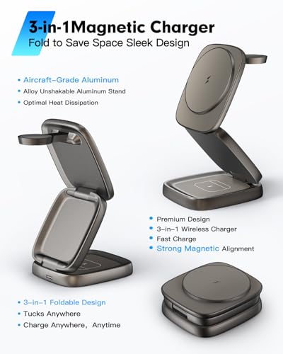 3-in-1 Magnetic Wireless Charging Station for Apple Devices - 15W Fast Charge with 30W Adapter, Foldable Aluminum Travel Dock for iPhone 17/16/15/14/13/12 Series, iWatch, AirPods