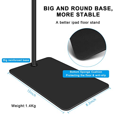 Tablet Floor Stand with Double Weight Base 360-degree Rotatable Metal Tablet Holder with Flexible Gooseneck Holder Long Arm for iPad Mini Air Pro, All Cell Phones iPhone & Tablets (4.5-12.9-inch)